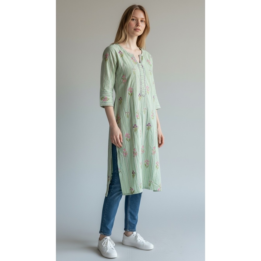 Beechtree Loose Fit Kurta Tunic Sage Green‎ Floral Embroidered Stripe Size 12